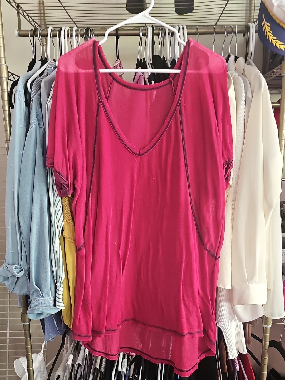 Free People V-Neck Short Sleeve Tunic - Raspberry